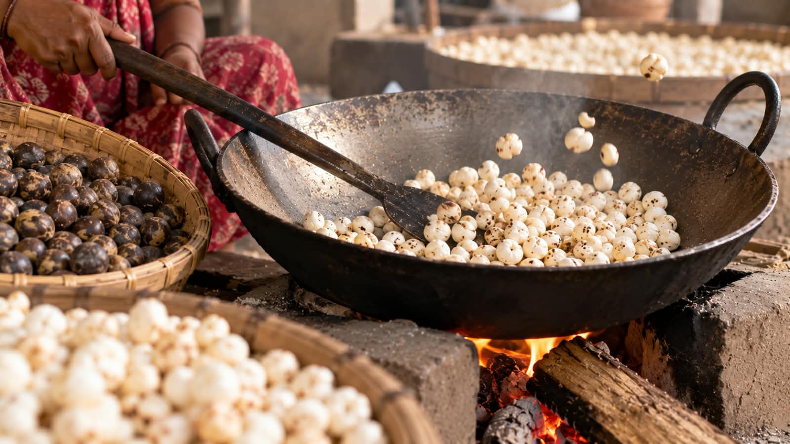 Traditional Makhana popping in Bihar